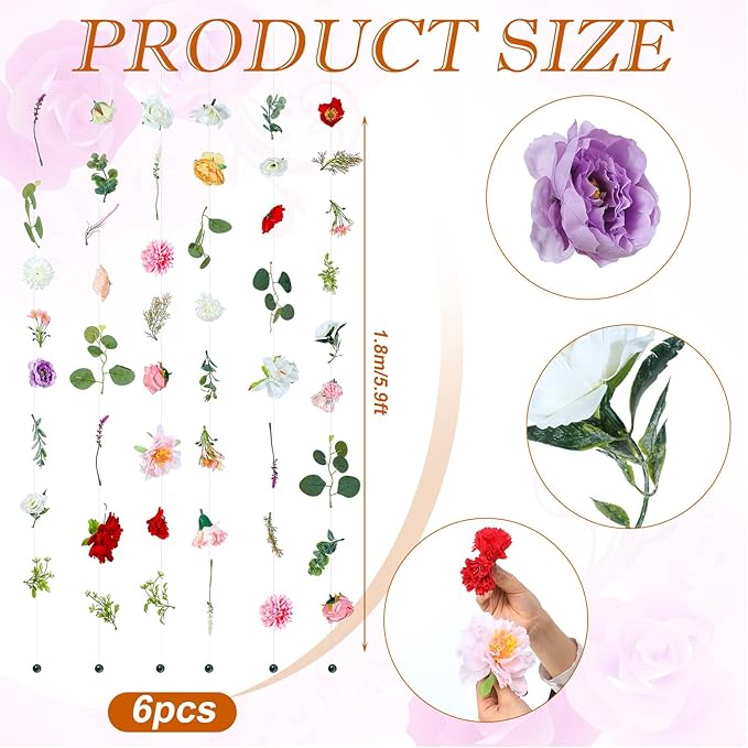 XunYee 6 Pcs 35.4 ft Flower Garlands Hanging Wildflower Backdrop Decoration Artificial Floral Garlands Fake Flower Vines Faux Silk Wildflower Decor for Halloween Fall Wedding Garden Wall Arch(Floral)
