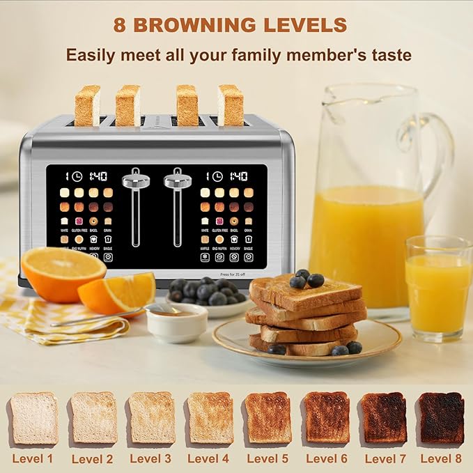 4 Slice Toaster Touch Screen, Stainless Steel Toasters Digital Timer, Dual