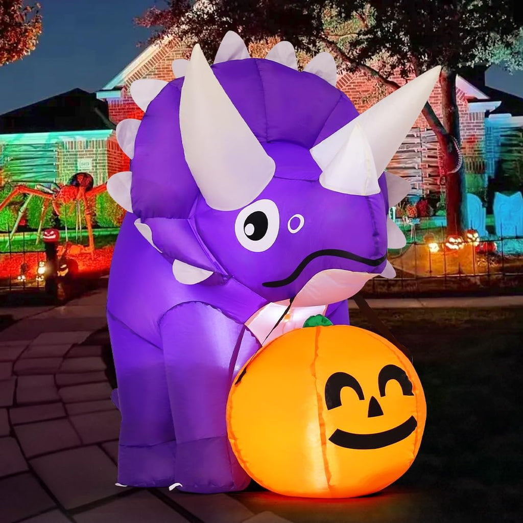 GOOSH 5 FT Width Halloween Inflatables Dinosaur Outdoor Decorations Blow Up Yard Dinosaur with Pumpkin with Built-in LEDs for Garden Lawn Indoor Party Decor