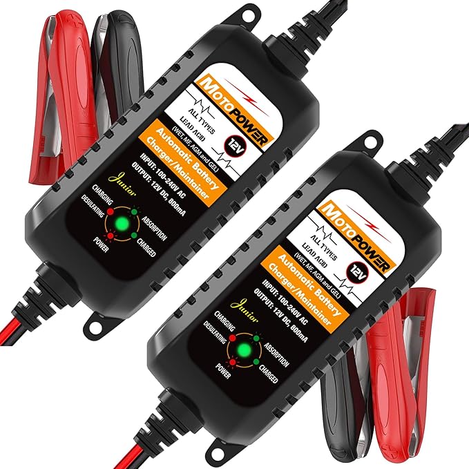 MOTOPOWER MP00205A 12V 800mA Automatic Battery Charger, Battery Maintainer (2-Pack)