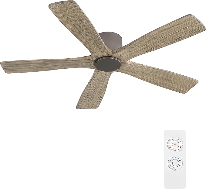 WINGBO 48" Flush Mount DC Ceiling Fans without Lights, 5 Carved Solid Wood