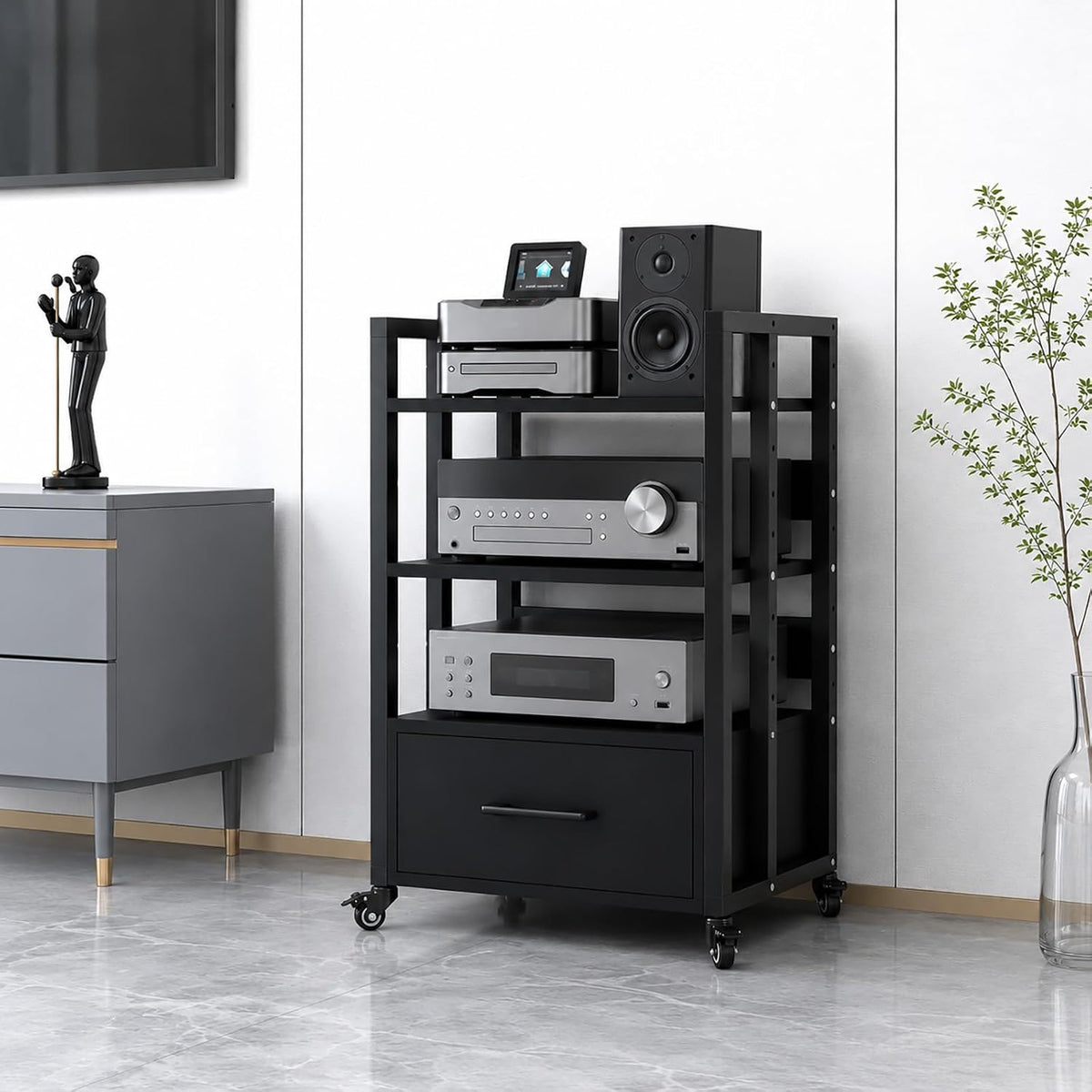 3-Tier Audio Rack with Wheels, AV Media Stand
