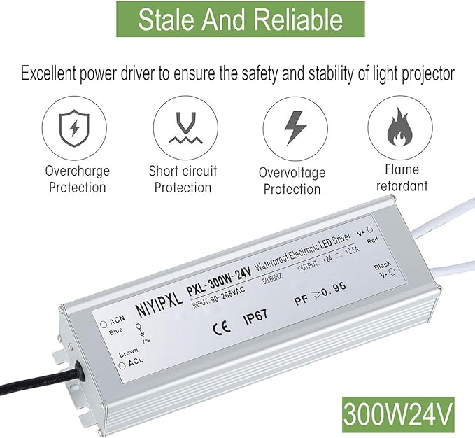 LED Driver 300 Watts 24V DC Transformer， Waterproof IP67 Power Supply, 24V DC