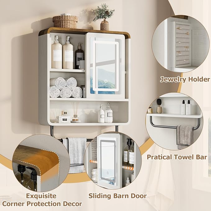 QUW Bathroom Wall Cabinet with Sliding Mirror Door, Modern Medicine Cabinet
