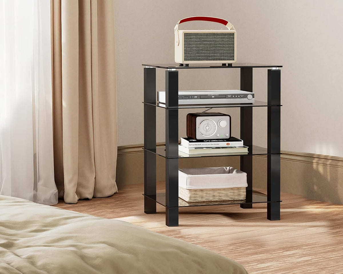 FITUEYES 4-Tier Media Stand Audio with Tempered Glass Shelves, Black