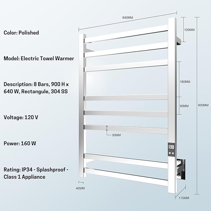 8-Bar Electric Heated Towel Warmer, Fast Heating
