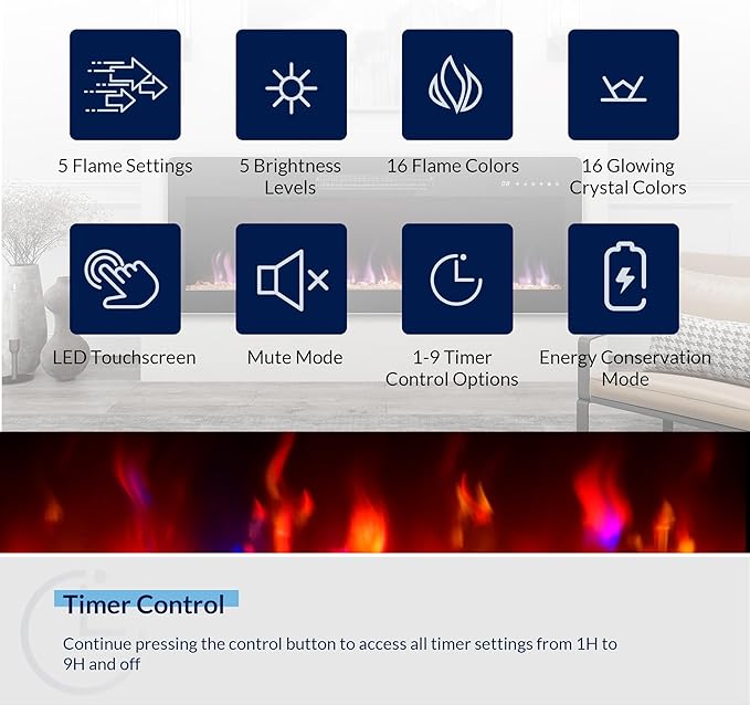 BELLEZE 42" Electric Fireplace Heater, 1400 W Recessed & Wall Mounted Electric