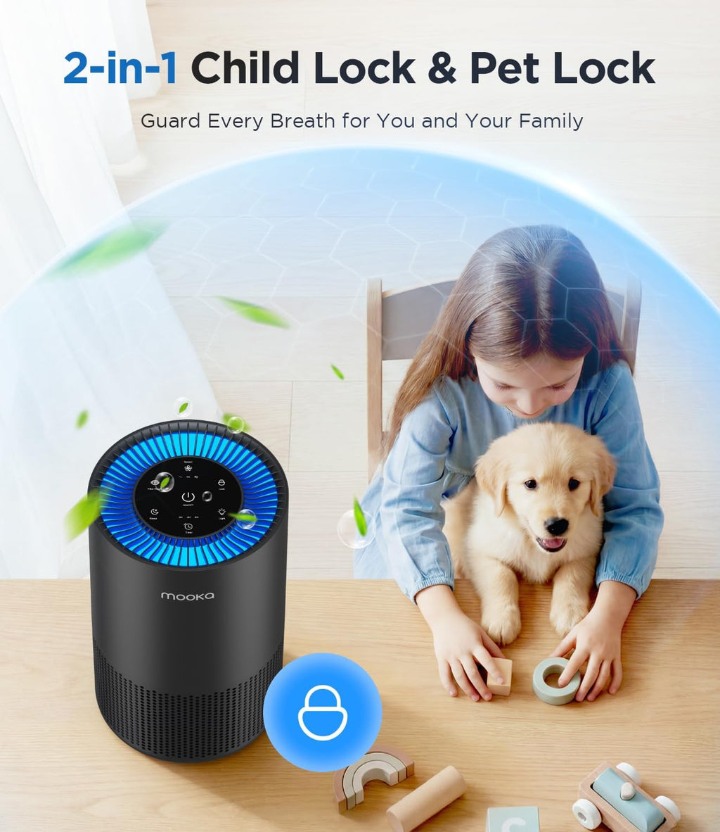 MOOKA H13 HEPA Air Purifier for Home Pet Large Room Up to 1300ft², Black