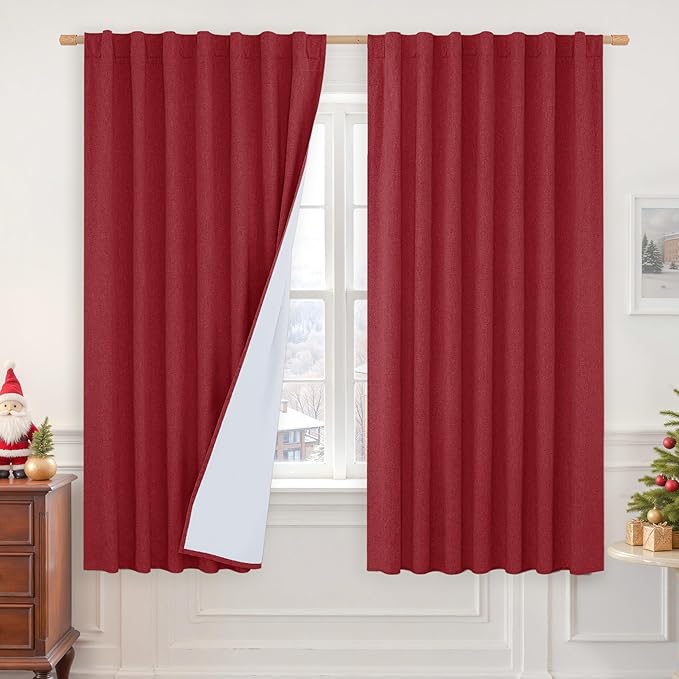LAMIT 100% Blackout Linen Curtains 63 Inches Long, Linen Textured Living Room