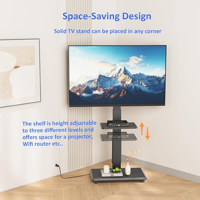 Rolling TV Stand with Power Outlet, Mobile TV Cart
