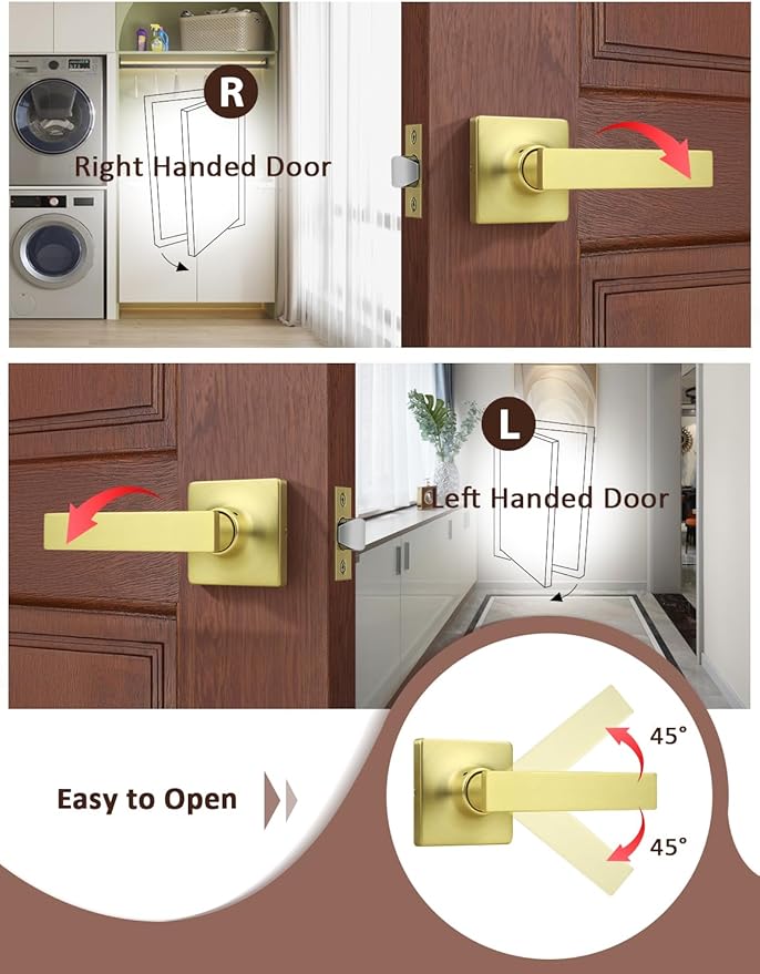 Mengico 2 Pack Passage Door Levers Gold Finish, No-Locking Keyless Square Door