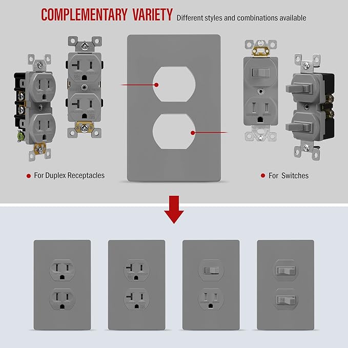 ENERLITES SI8821-GY Duplex Outlet Receptacle Cover, Screwless Wall Plate (10PCS, 10 Pack)