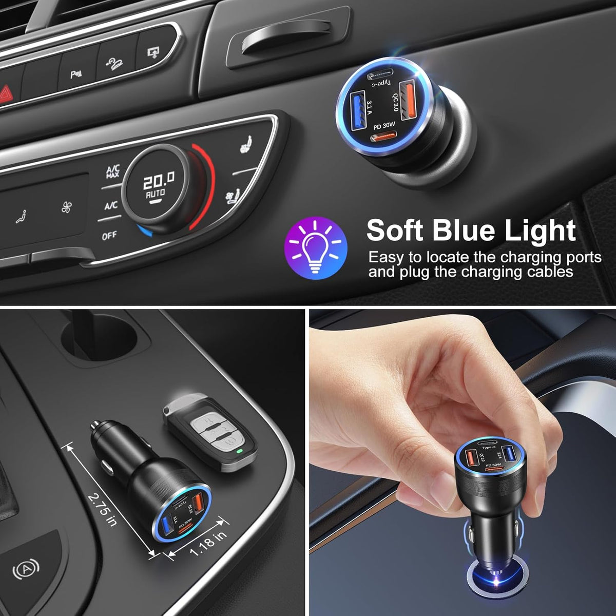 car charger 5 pack, bangfun 65w multi port, side view