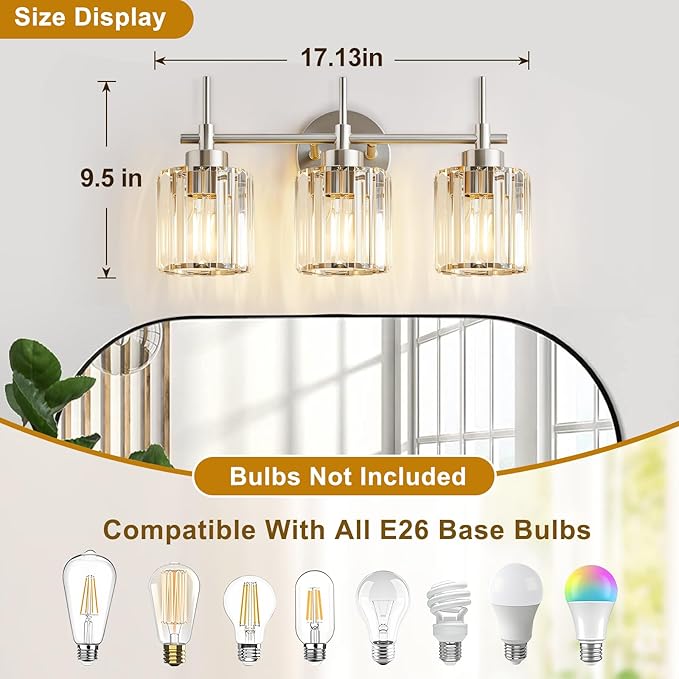 EJIAXIN 3 Light Crystal Bathroom Light Fixtures, Brushed Nickel Vanity Mirror