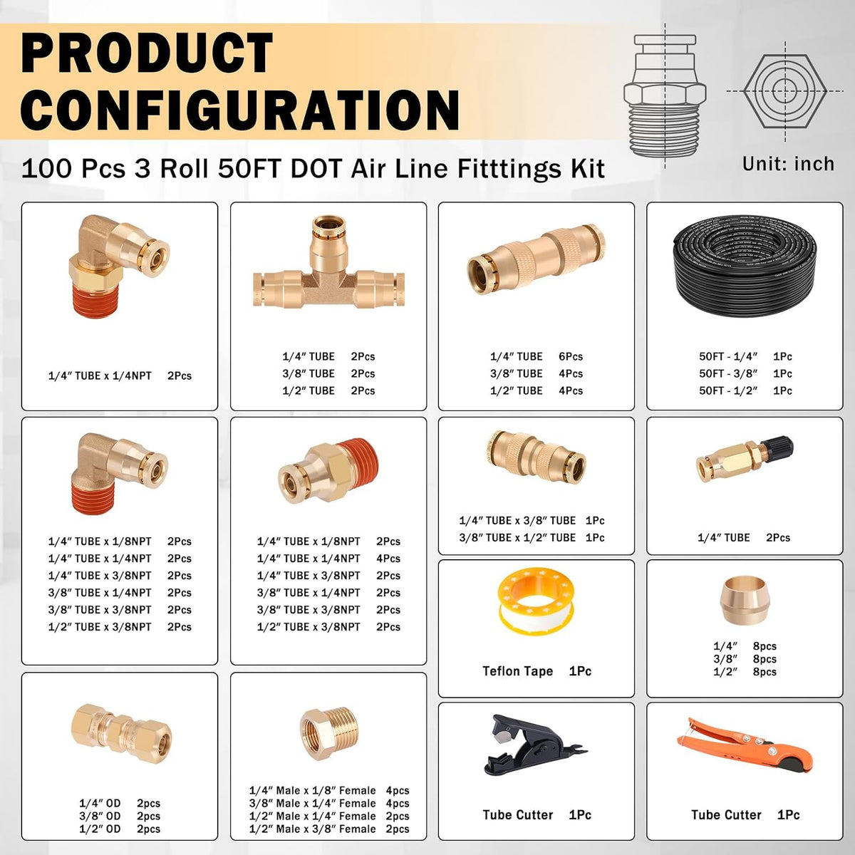 CheeMuii 100PCS Brass DOT Air Line Fittings with 3 Roll 50FT DOT Air Lines