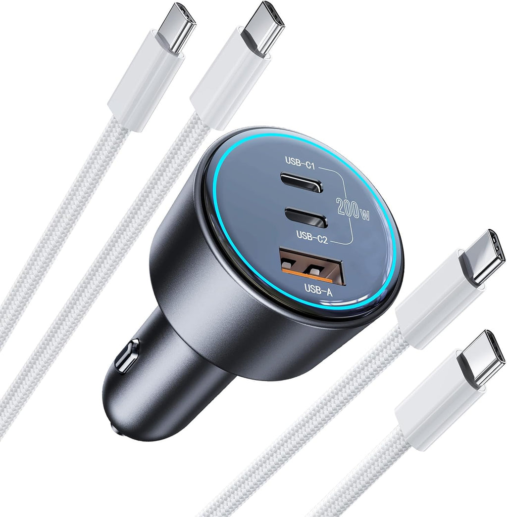 200W Super Fast Car Charger, Adapter with 2×100W USB C to C Cables,