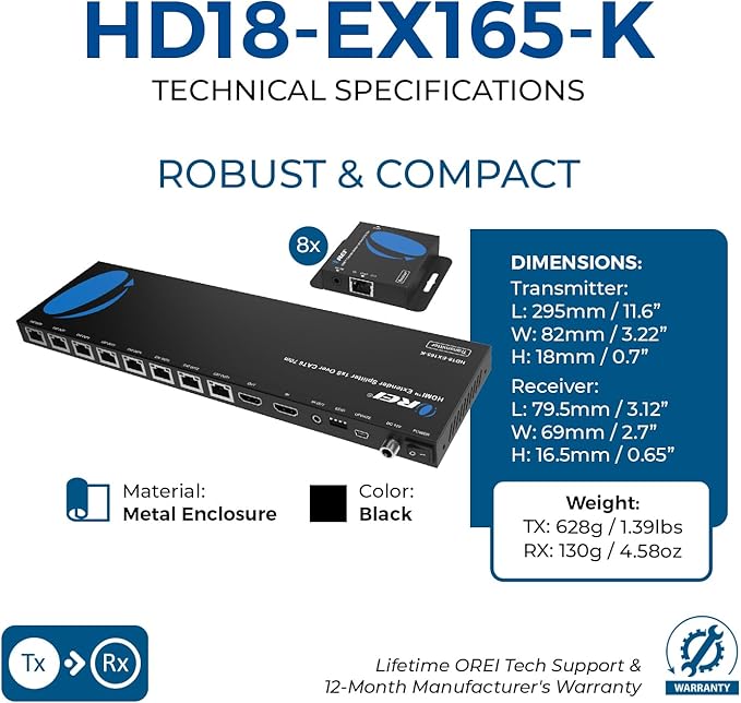 OREI 4K 1x8 HDMI Extender Splitter Multiple Over CAT 6/7 Cable