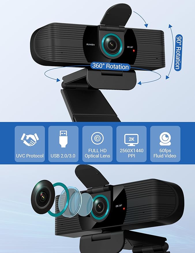 RUWBY QHD 2K Webcam with Built-in Dual Mics, Wide-Angle Lens, Privacy Cover