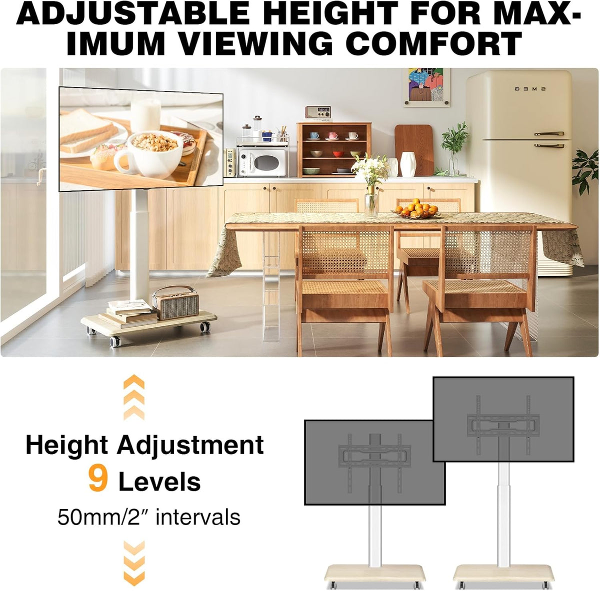 TVON Rolling TV Stand for 32-70 Inch TVs，Elegant Floor TV Stand with Wheels