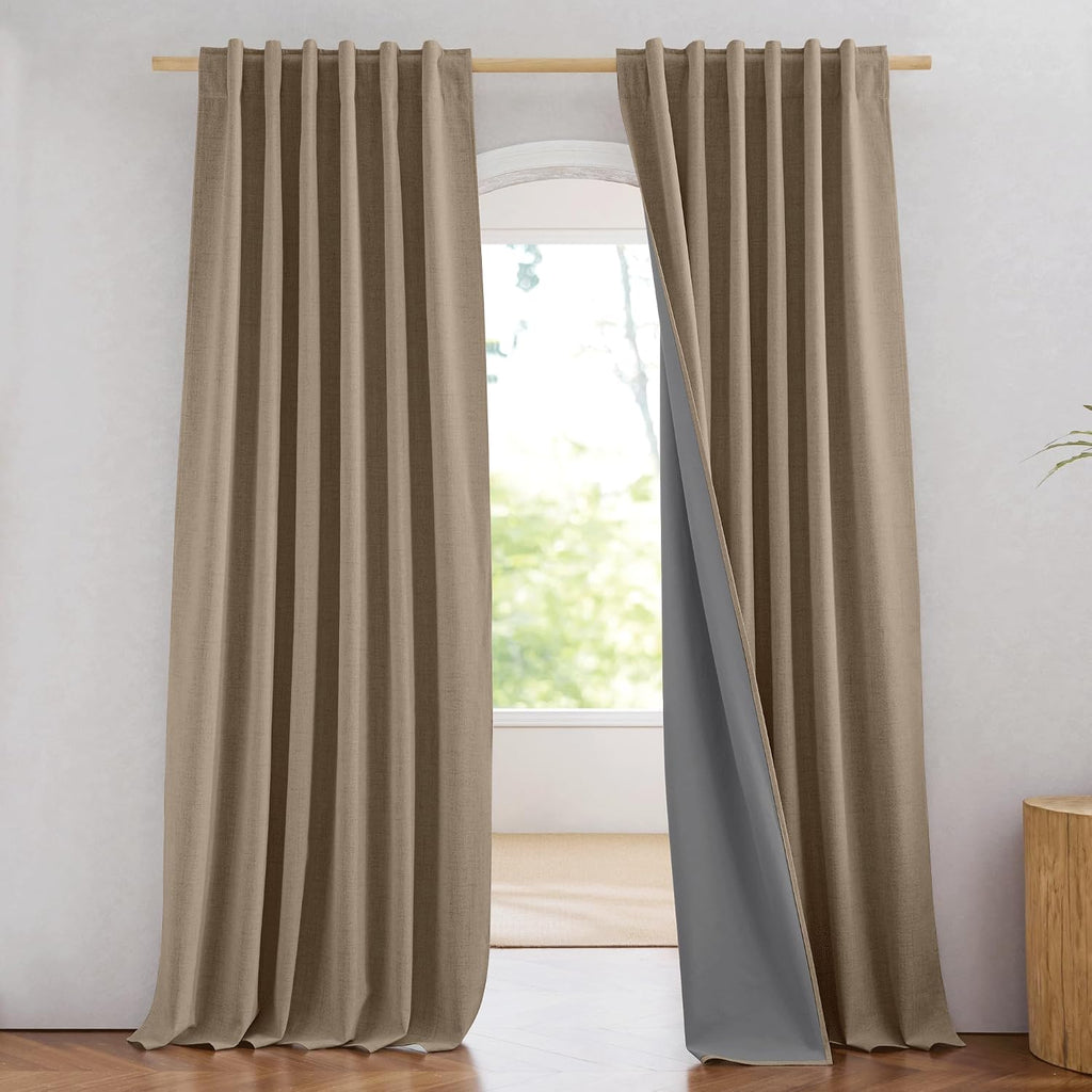 NICETOWN 100% Blackout Burlap Linen Curtains 90 inches Length with Thermal Insulated Liners for Bedroom, 2 Panels, 52" W, Room Cooling Noise Reducing Window Treatment Drapes for Living Room