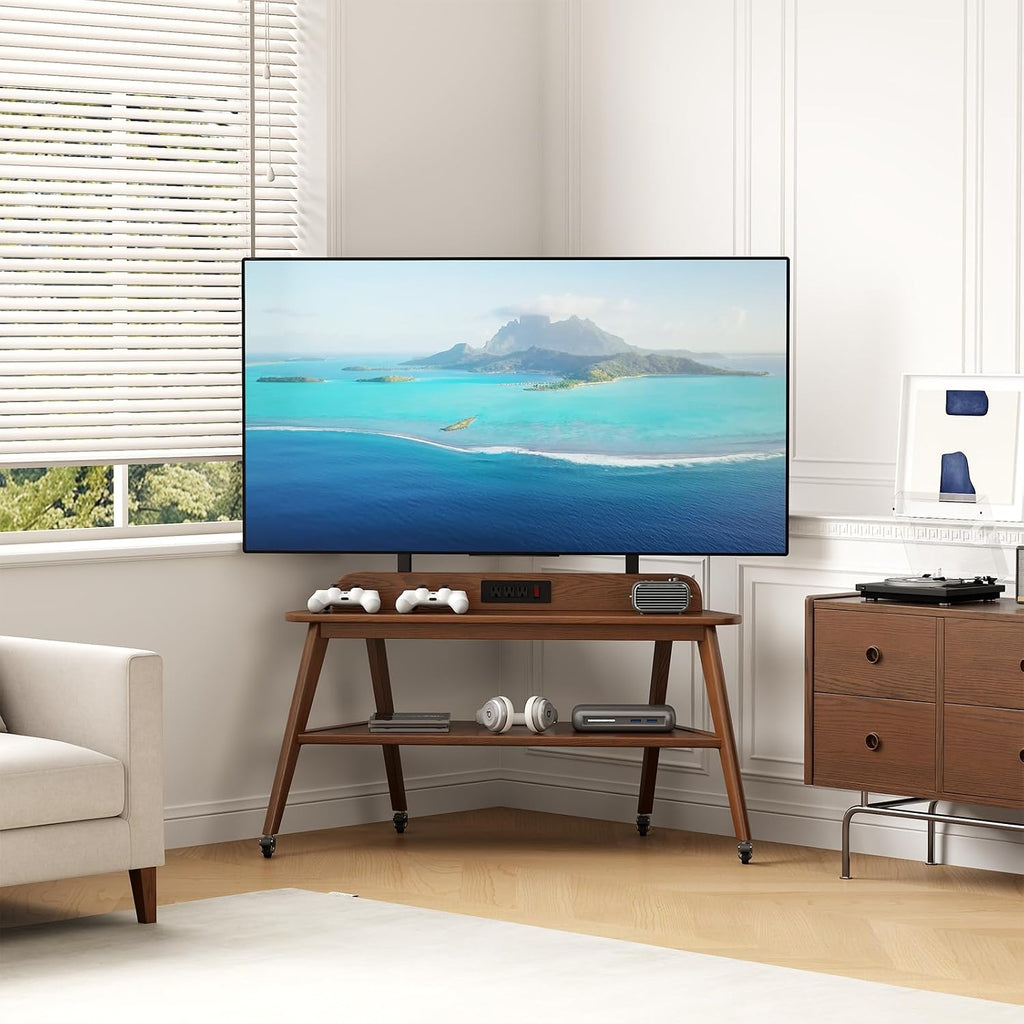Solid Wood Rolling TV Stand with Power Outlet, Mobile TV Stand