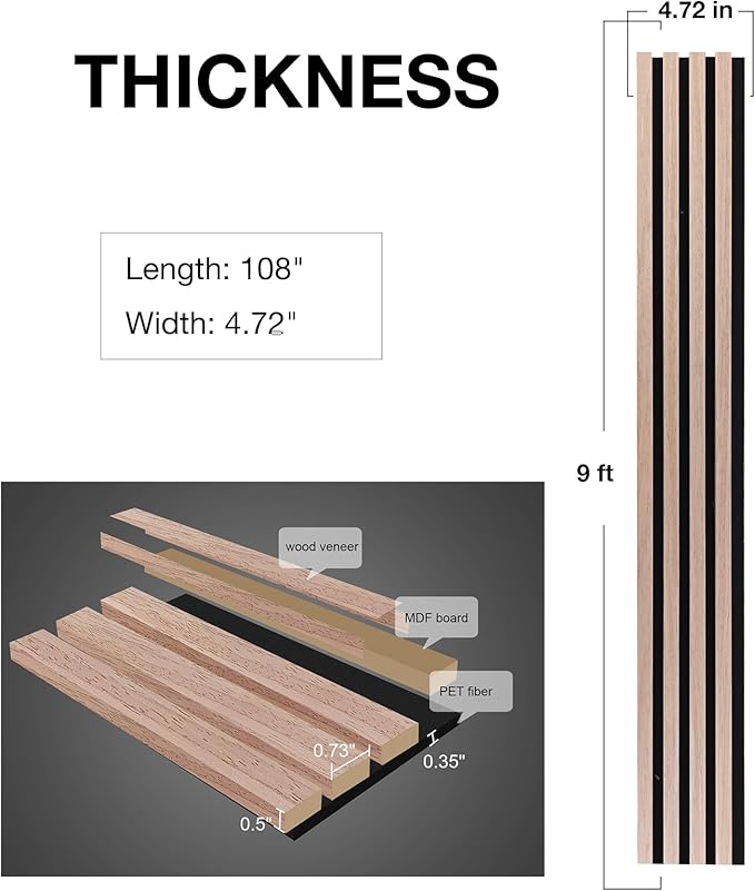 NeatiEase Wood Wall Panels, 9 Feet Acoustic Slat Wall Panels (6-Piece)