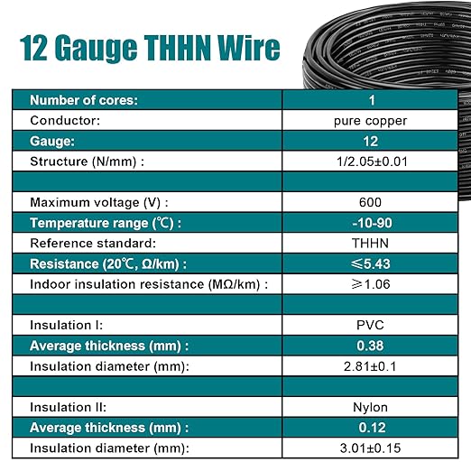 THHN Wire 12 Gauge 50 FT OFC Electrical Wire, 12 AWG Solid Copper Wire Rated up