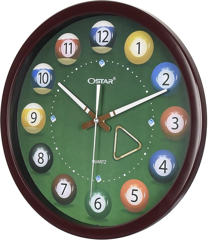 OSTAR Big Large Billiard Pool Ball Wall Clock, Battery Operated, Cue Hand