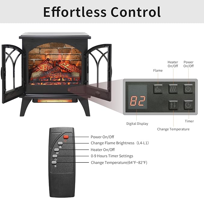 24" Electric Fireplace, Fireplace Heater w/Realistic Flame, Freestanding