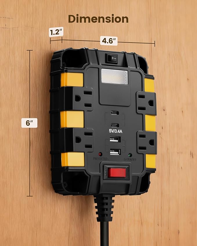 SURAIELEC Magnetic Power Strip, 1080J Surge Protector, 4 Outlets, 2 USB-A & 2