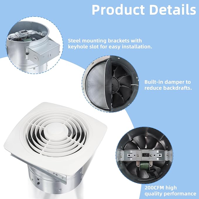 8 Inch Bathroom Exhaust Fan Ceiling Mount 200 CFM 8.5 Sones Kitchen Exhausts
