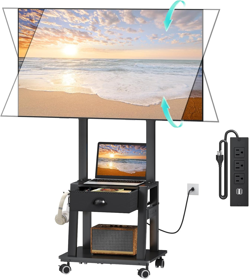 rolling tv stand with power outlet,tilt tv cart shown in use