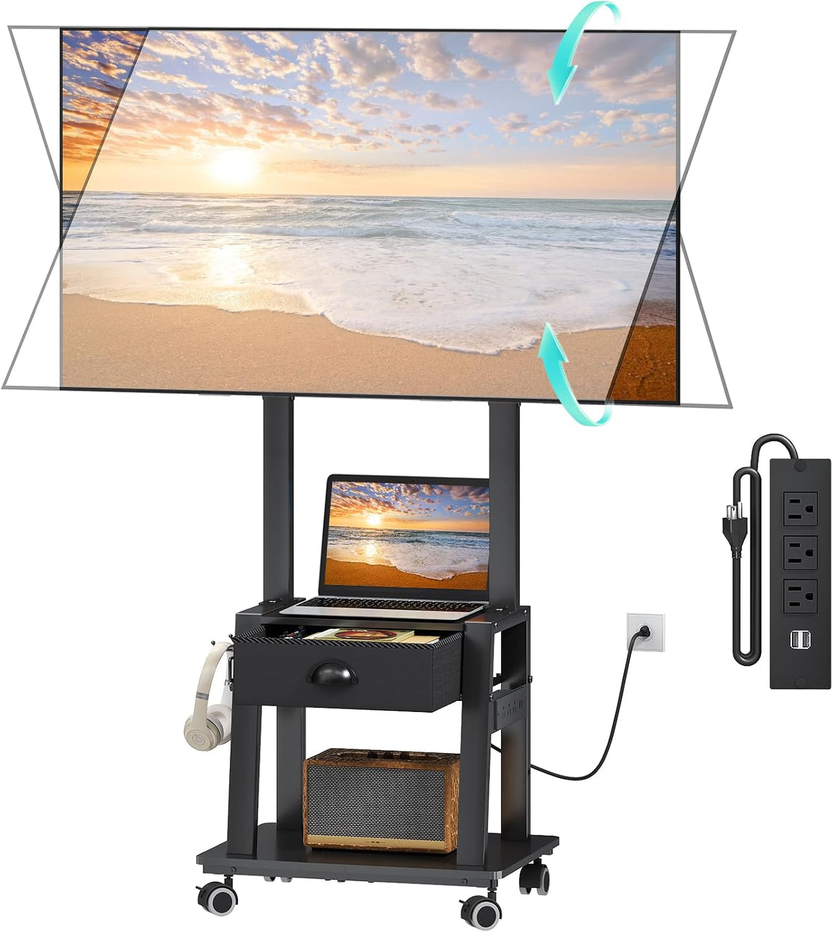 rolling tv stand with power outlet,tilt tv cart shown in use