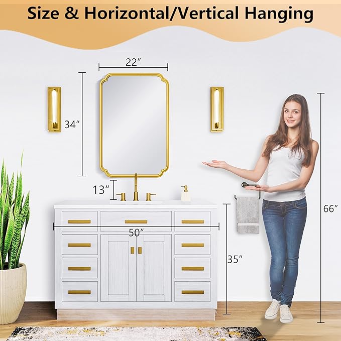 22x34 Inch Gold Bathroom Mirror, Metal Framed Wall Mirror