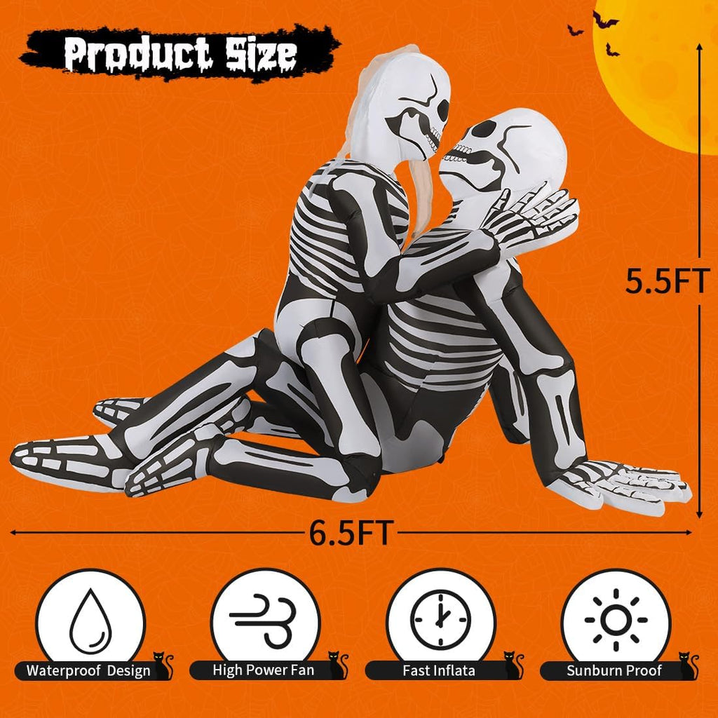 GOOSH 6.5 FT Long Halloween Inflatables Skeleton Outdoor Decorations Blow Up Yard Cuddling Couple Lovers with Built-in LEDs for Garden Lawn Indoor Party Decor