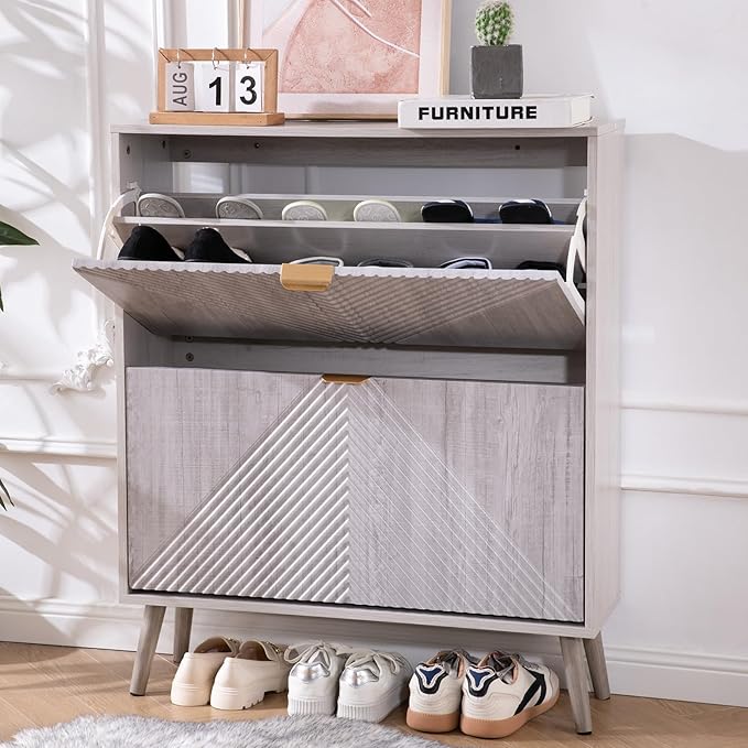 Shoe Cabinet with 2 Flip Drawers, Freestanding Shoe Cabinet Organizer with 4