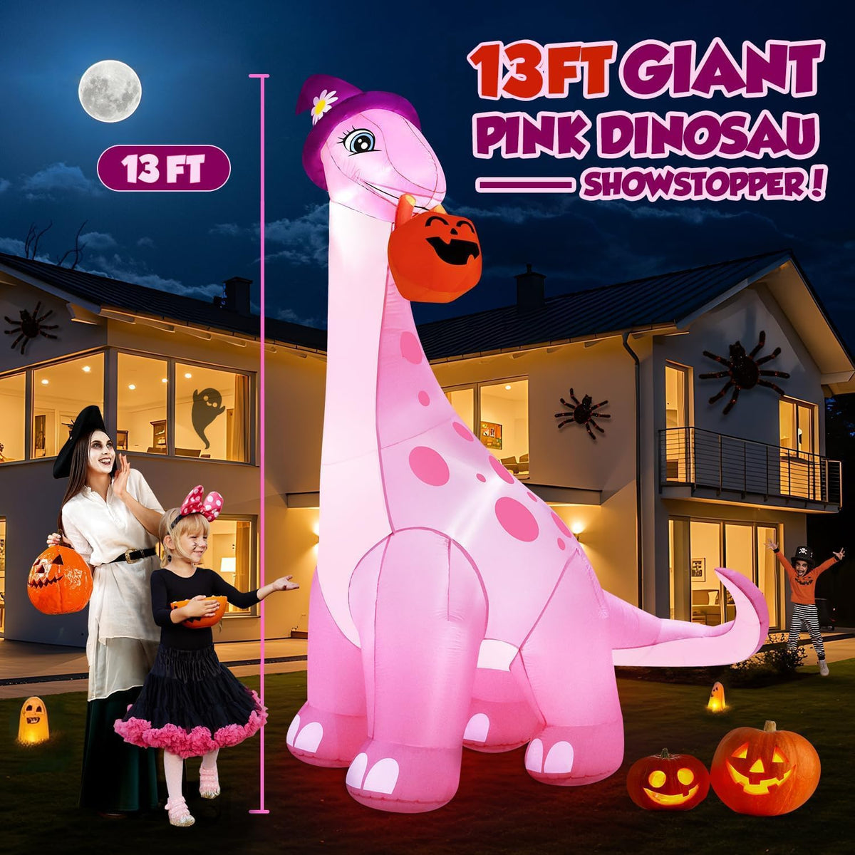 zukakii 13FT Giant Halloween Inflatables Decorations Outdoor Pink Dinosaur, Huge Halloween Blow Up Yard Decorations Dino with Large Pumpkin Witch Hat Build-in LED Light Strong Blower for Party Lawn