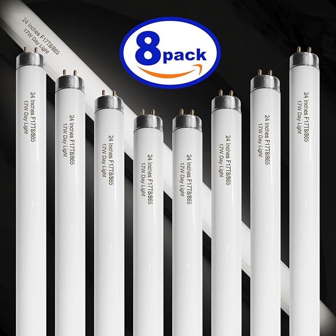 24 Inch F17T8/865 Fluorescent Bulb Daylight 6500K, 17 Watt T8 Light Bulb (8 Pack)