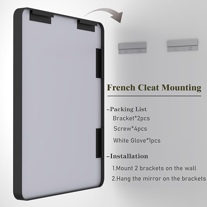48x30 Black Bathroom Mirror, Rounded Rectangle Mirror, Shatterproof