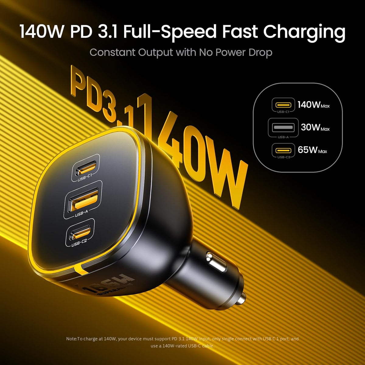aohi 165w laptop car charger adapter 140w pd shown in use