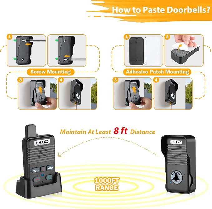 Wireless Doorbell, Full Duplex Doorbell Wireless, 1000ft Long Range, Hands-Free