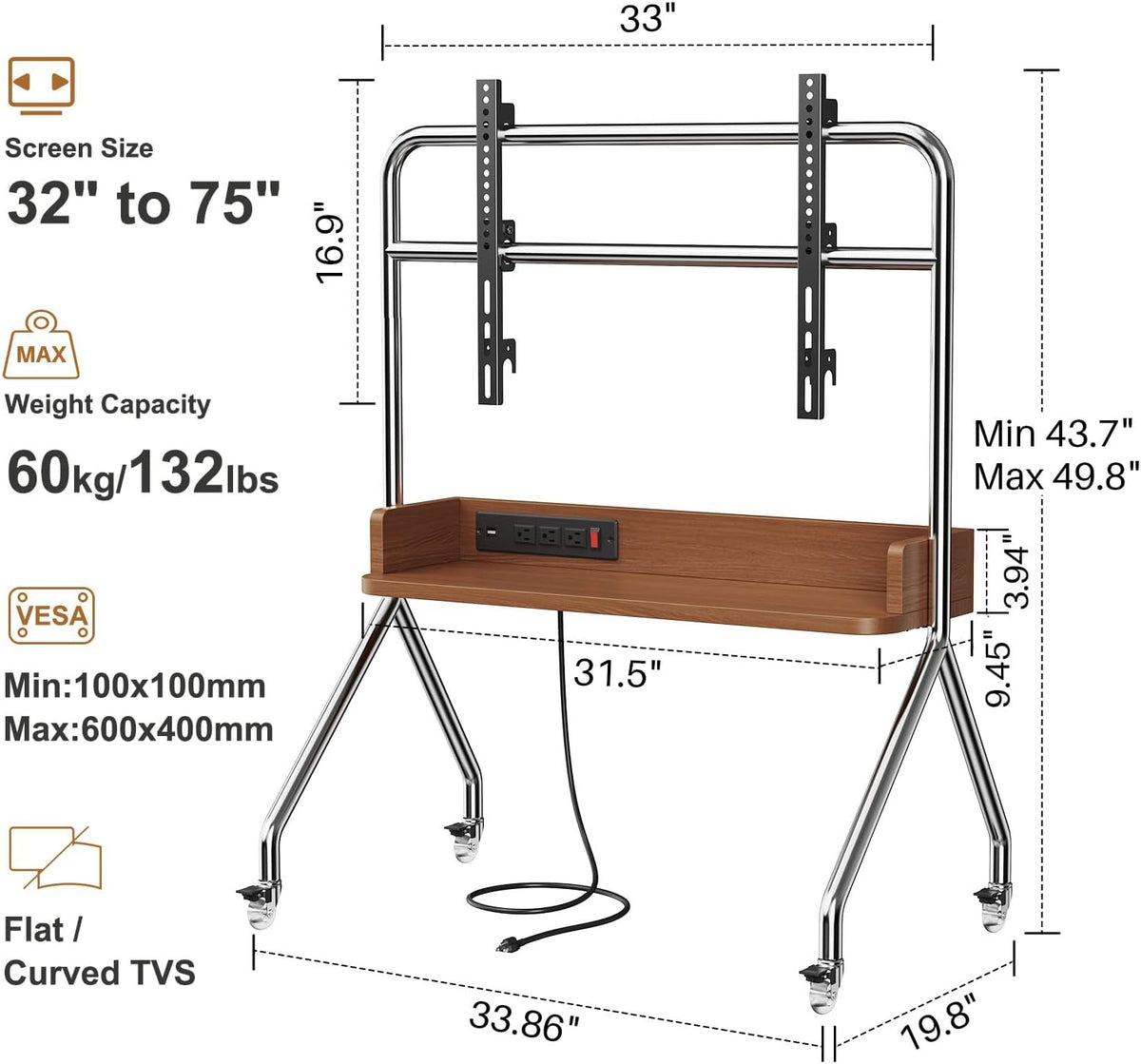 Rolling TV Stand with Power Outlet & Wooden Shelf,Stainless Steel Mobile TV Carts for 32-75 Inch TVs up to 110 lbs,Height Adjustable Portable TV Stand with Wheels for Home Office,Max VESA 600x400mm