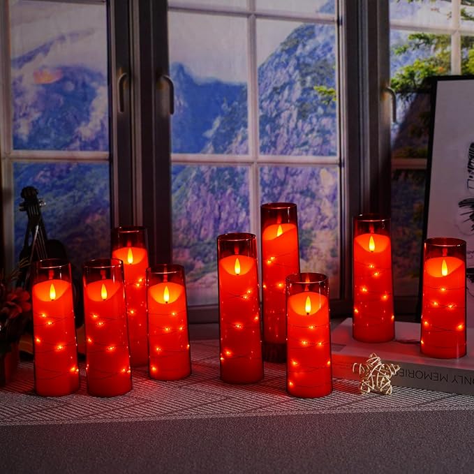 Flameless Candles with Embedded Star String, Battery Operated LED Pillar (Set of 9)