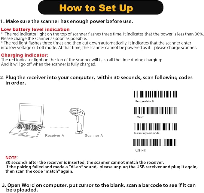 NADAMOO Wireless Barcode Scanner 328 Feet Transmission Distance USB Cordless 1D