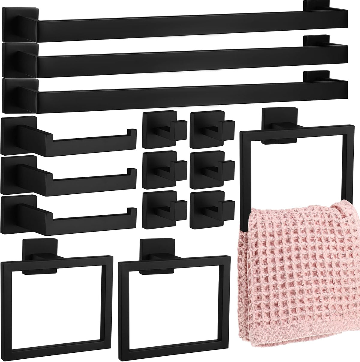 black bathroom hardware accessories bath towel bar set shown in use