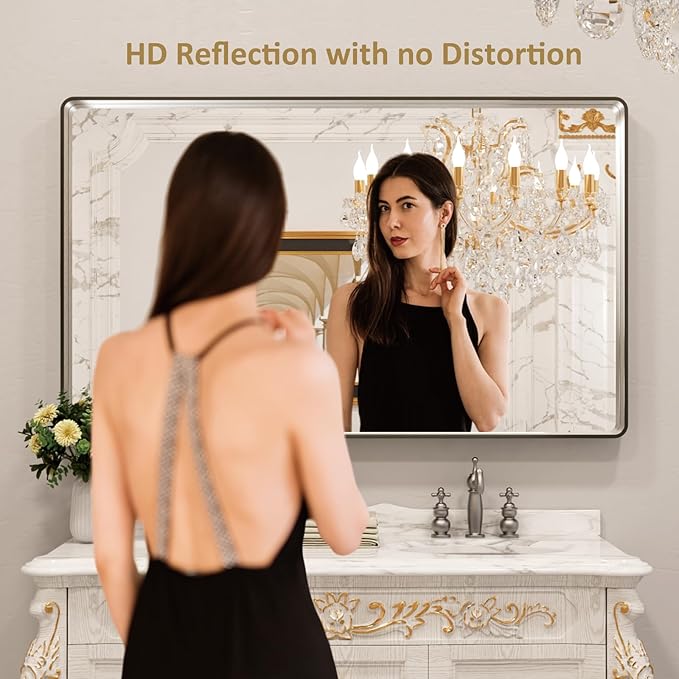 LOAAO 60X30 Inch Brushed Nickel Bathroom Mirror, Rounded Rectangle Silver Metal
