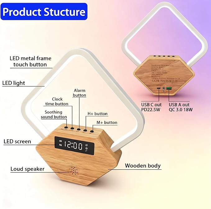 Wood Sunrise Alarm Clock with White Noise Machine 3 Color Night Light 15