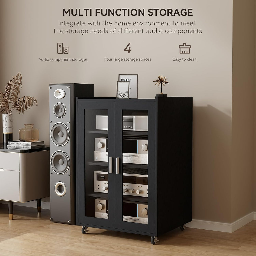 ELECWISH 5 Tier Media Cabinet with Glass Door & Adjustable Shelves, Black