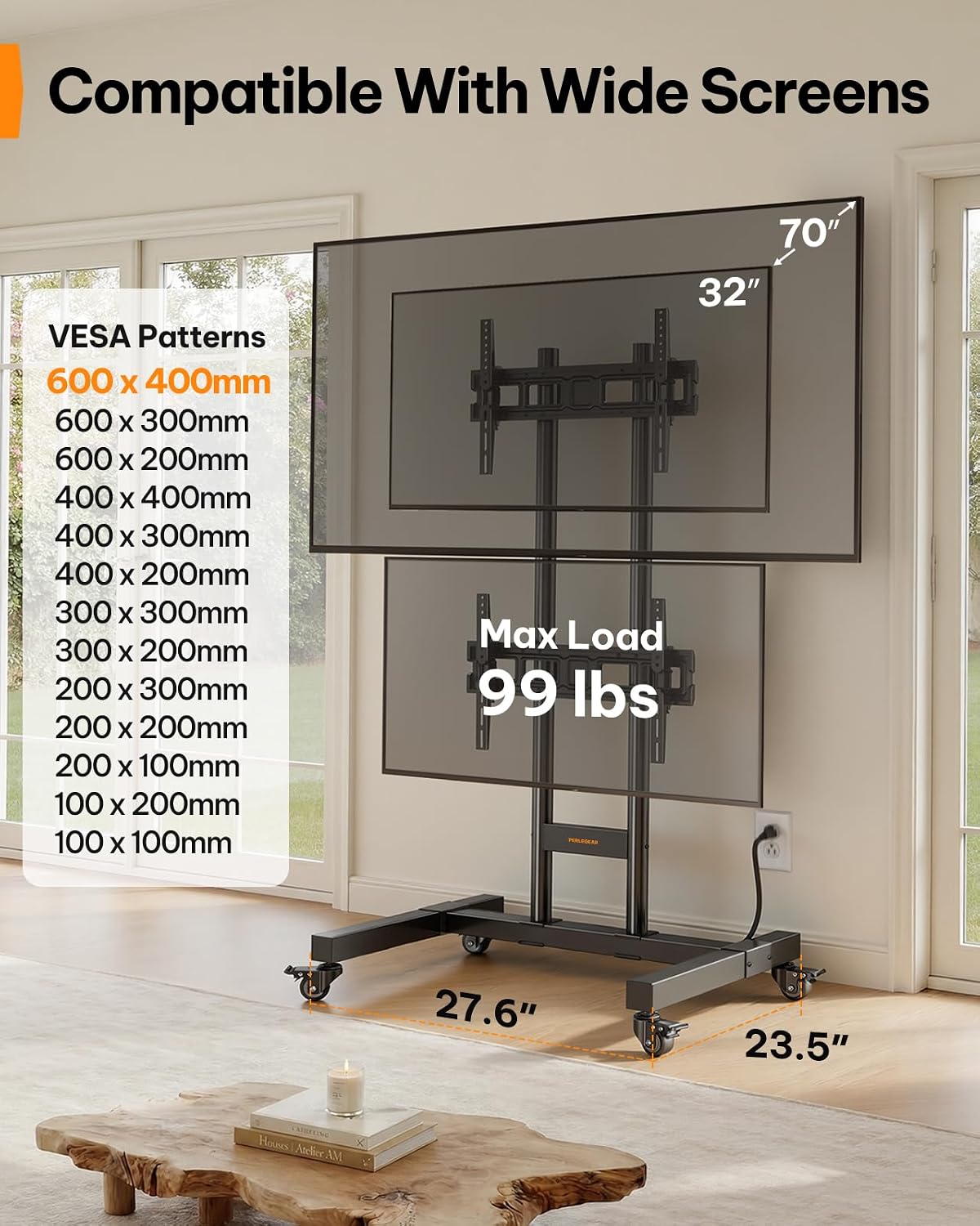 Perlegear Rolling TV Stand for 32–70 Inch Dual Screens, Holds up to 99 lbs Each, Mobile TV Stand with Power Outlet and Lockable Wheels, Tilt & Height Adjustable TV Cart, Max VESA 600x400mm, PGTVC31B