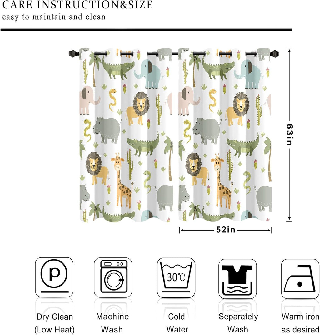 MESHELLY Baby Safari Animals Blackout Curtains 52Wx63H Inch for Boy Bedroom Grommet Pair Kids Woodland Jungle Lion Elephant Art Printed Curtains for Nursery Living Room Window Treatment Fabric
